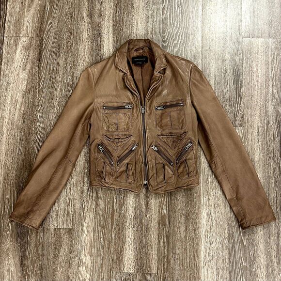 BCBGMAXAZRIA Brown Leather Moto Jacket Small Distressed Zip Pockets Boho Biker - Picture 6 of 9
